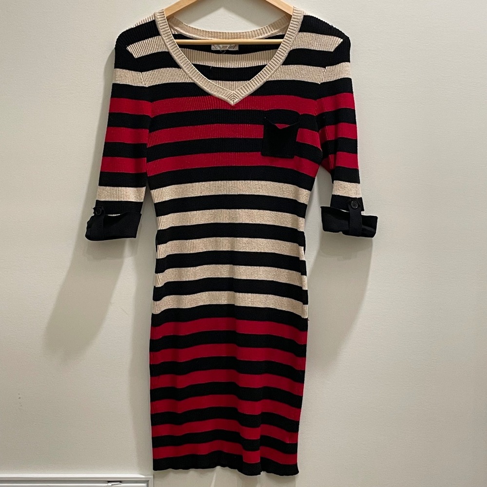 Pink Rose Women XL Red Black Striped Ribbed Knit V-Neck Sweater Dress PF514715R
